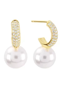 Gold Plated Simulated Pearl and Cubic Zirconia Huggie Hoop Drop Earrings