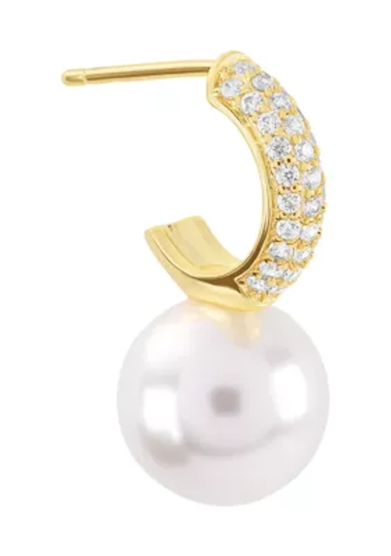 Gold Plated Simulated Pearl and Cubic Zirconia Huggie Hoop Drop Earrings
