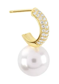Gold Plated Simulated Pearl and Cubic Zirconia Huggie Hoop Drop Earrings