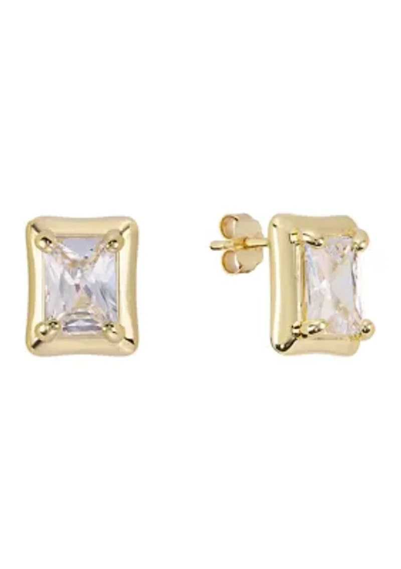 Emerald-Cut Cubic Zirconia Stud Gold Plated Earrings