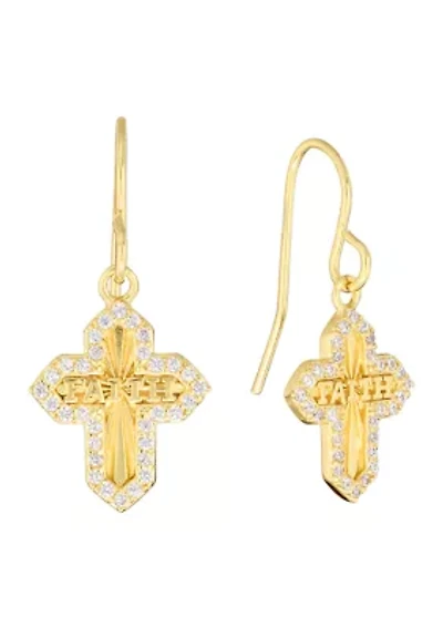 Gold-Plated Cubic Zirconia "Faith" Cross Drop Earrings