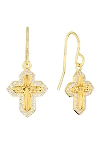 Gold-Plated Cubic Zirconia "Faith" Cross Drop Earrings