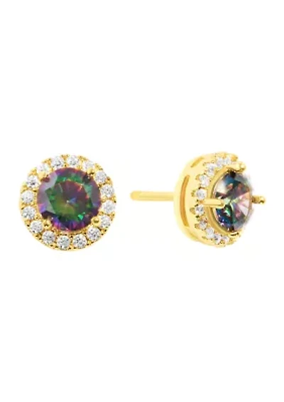 Gold Plated Mystic Cubic Zirconia Halo Round Stud Earrings