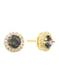 Gold Plated Mystic Cubic Zirconia Halo Round Stud Earrings