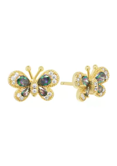 Gold Plated Mystic Cubic Zirconia Halo Butterfly Stud Earrings