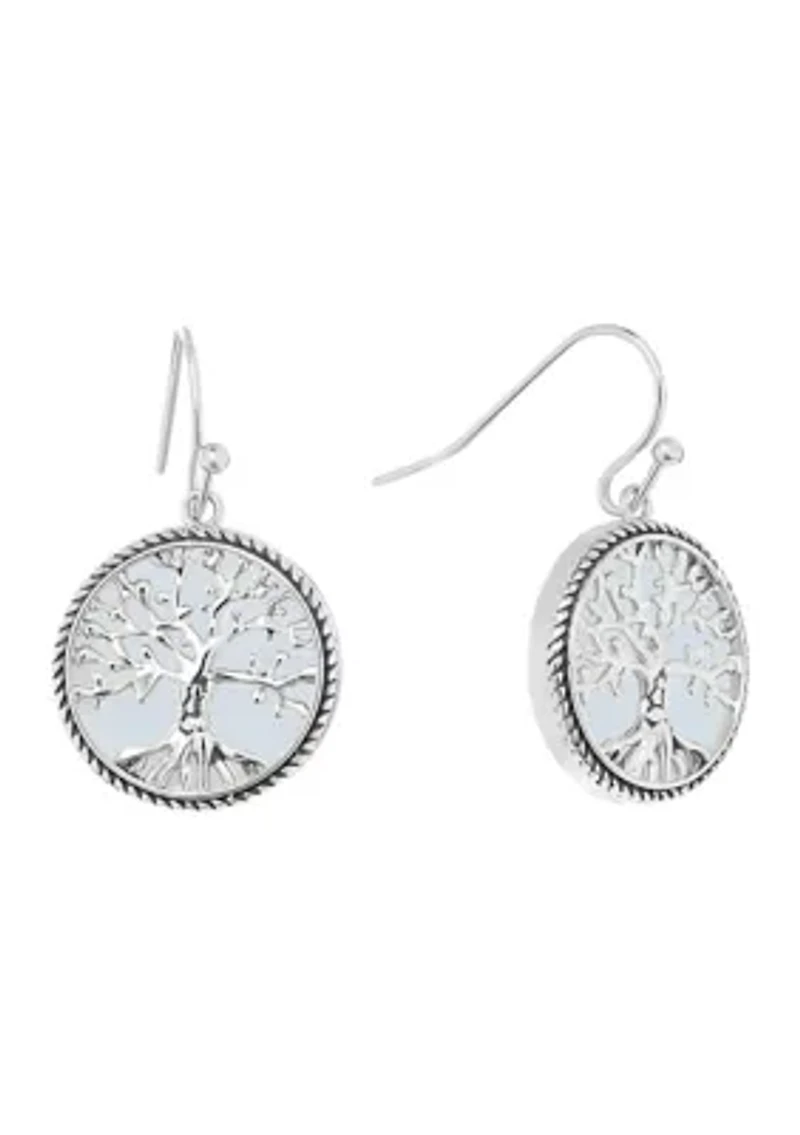 Silver Plated Simulated Opal Tree of Life Round Filigree Drop Earrings