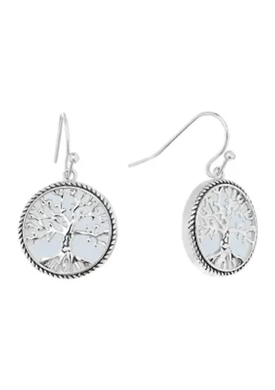 Silver Plated Simulated Opal Tree of Life Round Filigree Drop Earrings