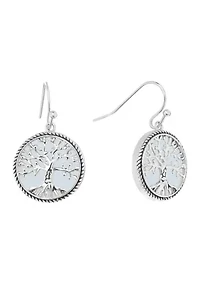 Silver Plated Simulated Opal Tree of Life Round Filigree Drop Earrings