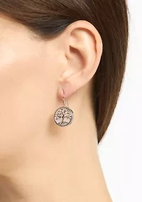 Silver Plated Simulated Opal Tree of Life Round Filigree Drop Earrings