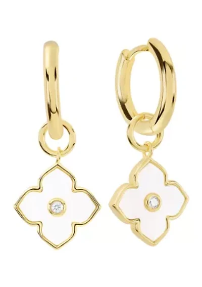 Gold Plated Mother of Pearl and Cubic Zirconia Clover Charm Hoop drop Earrings