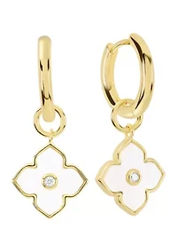 Gold Plated Mother of Pearl and Cubic Zirconia Clover Charm Hoop drop Earrings