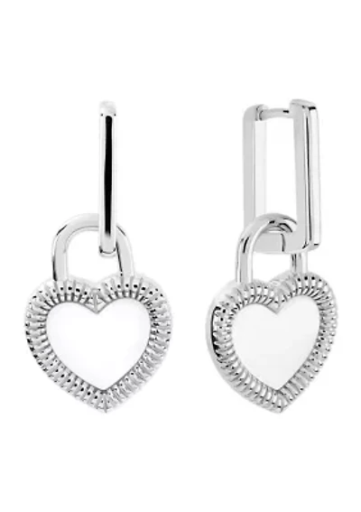 Silver Plated Mother of Pearl Heart Drop Rectangular Hoop Earrings