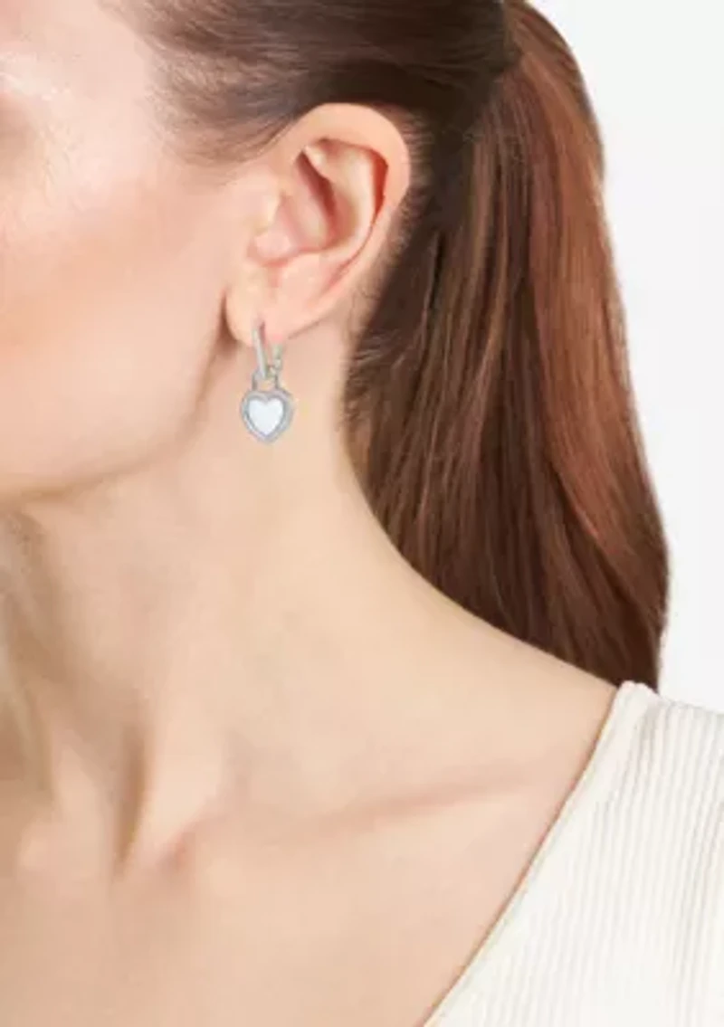 Silver Plated Mother of Pearl Heart Drop Rectangular Hoop Earrings