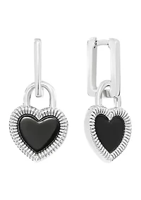Silver Plated Mother of Pearl Heart Drop Rectangular Hoop Earrings