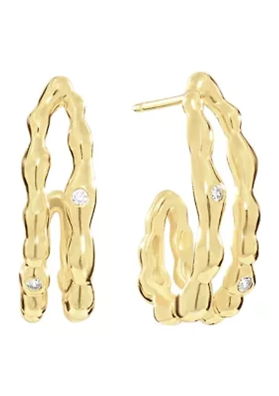 Plated Cubic Zirconia Bamboo Double Row J Hoop Earrings