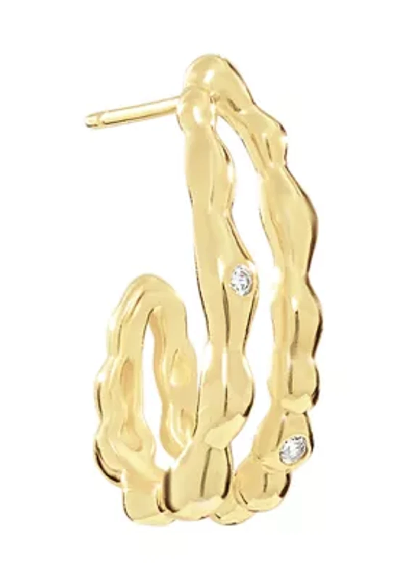 Plated Cubic Zirconia Bamboo Double Row J Hoop Earrings