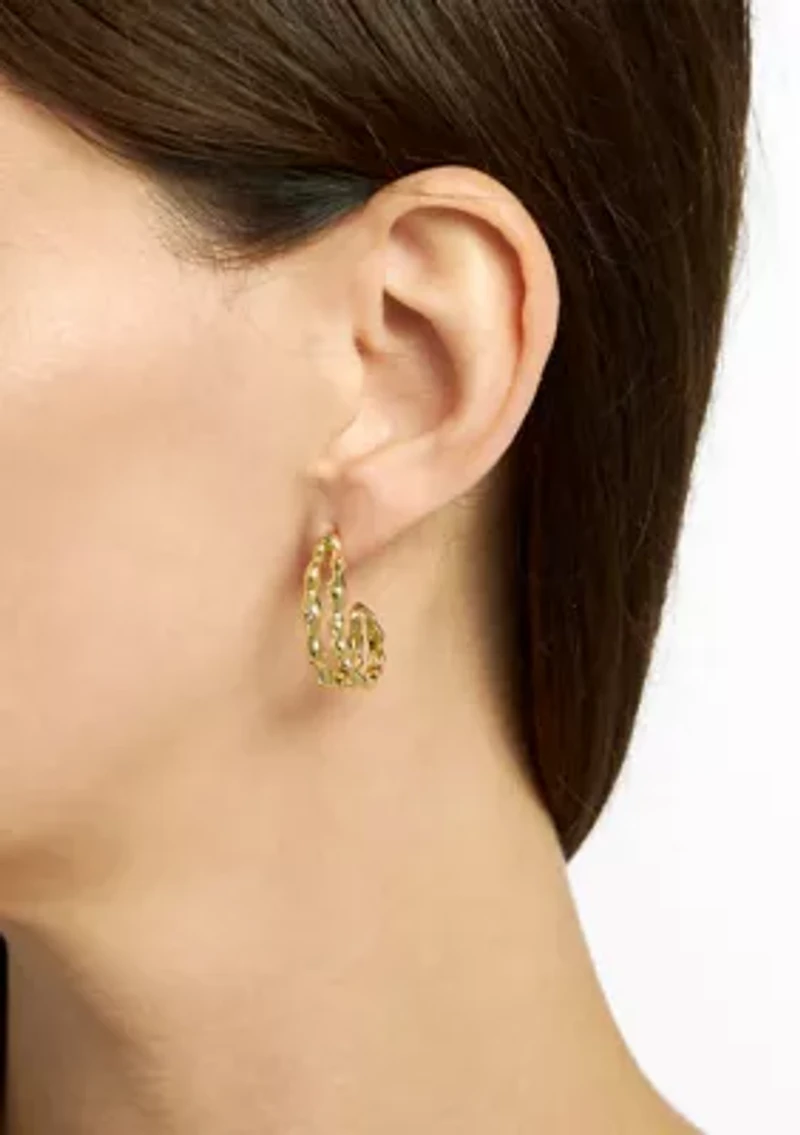 Plated Cubic Zirconia Bamboo Double Row J Hoop Earrings