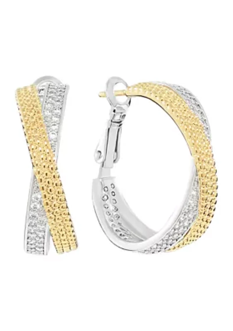 Two Tone Plated Criss Cross Cubic Zirconia Hoop Earrings