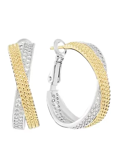 Two Tone Plated Criss Cross Cubic Zirconia Hoop Earrings