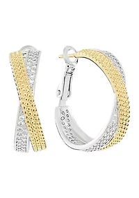 Two Tone Plated Criss Cross Cubic Zirconia Hoop Earrings