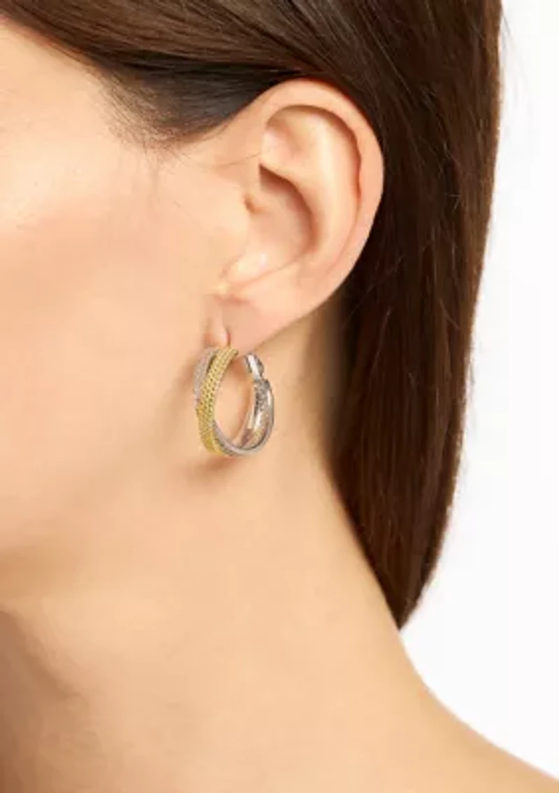 Two Tone Plated Criss Cross Cubic Zirconia Hoop Earrings