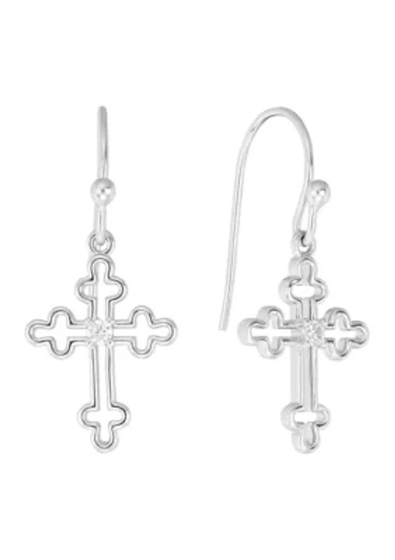 Silver Plated Open Cross Cubic Zirconia Drop Earrings