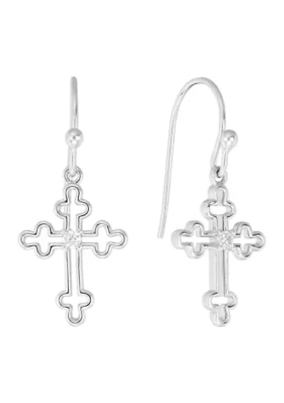 Silver Plated Open Cross Cubic Zirconia Drop Earrings