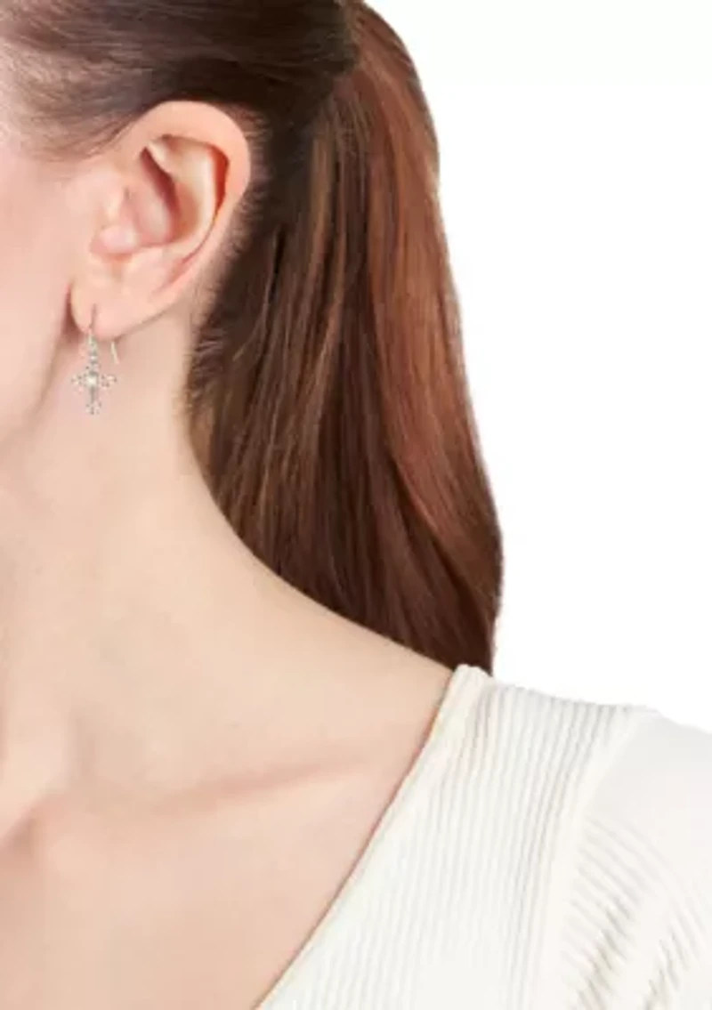Silver Plated Open Cross Cubic Zirconia Drop Earrings