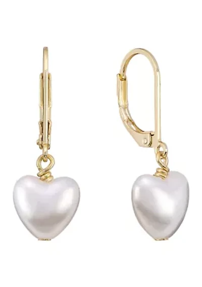 White Heart Gold Tone Drop Earrings