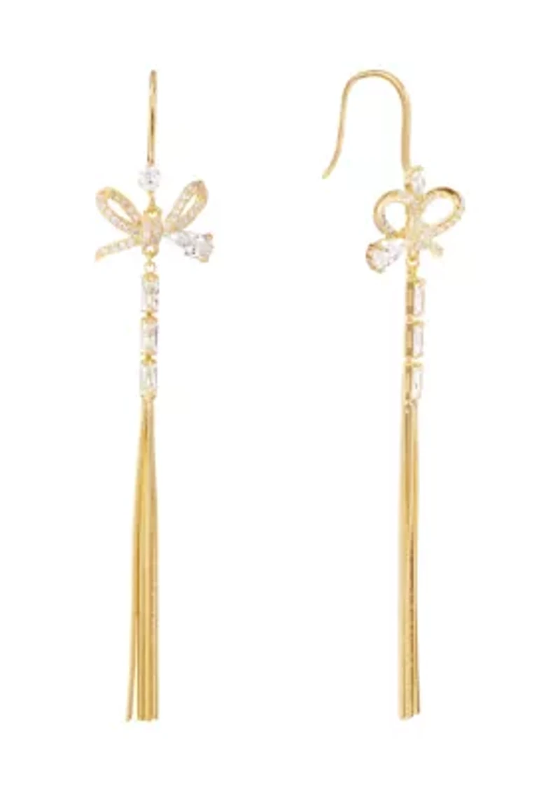 Gold Plated Cubic Zirconia Bow Chain Drop Earrings