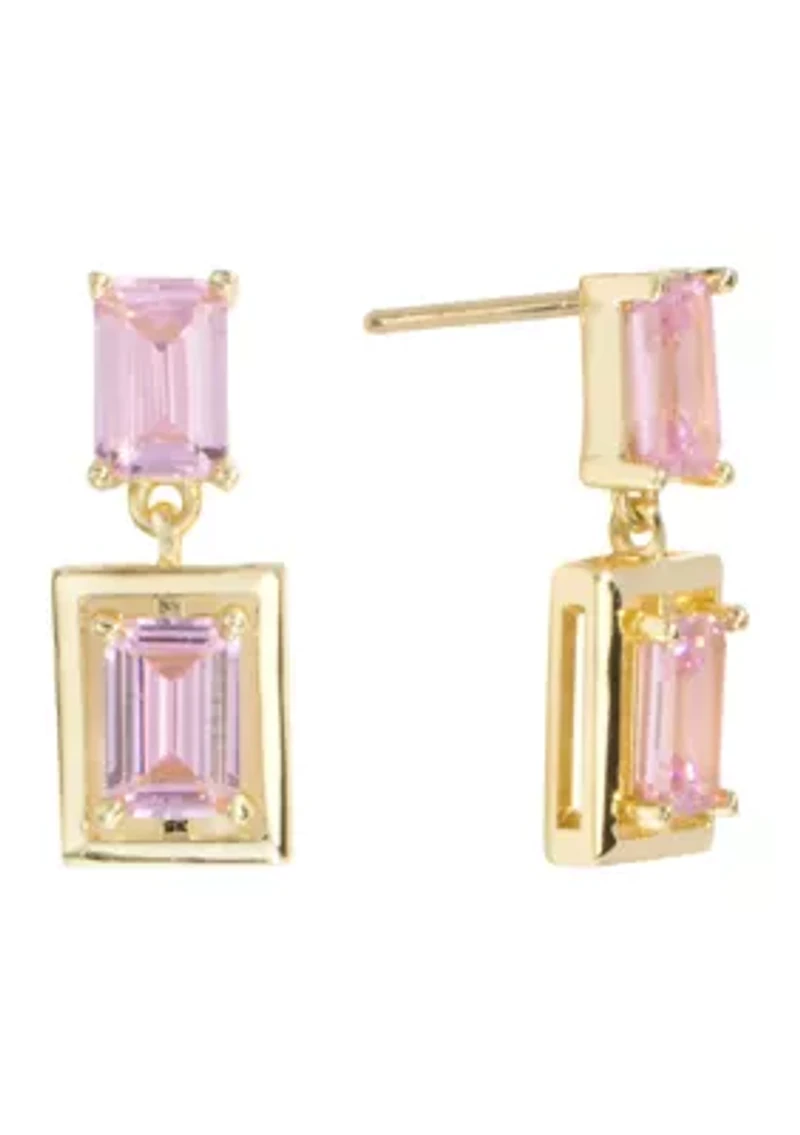 Gold Plated Pink Cubic Zirconia Baguette Double Drop Earrings