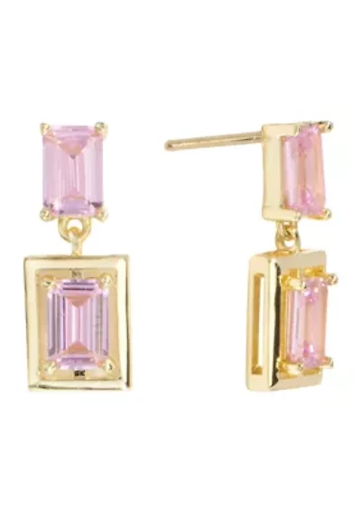 Gold Plated Pink Cubic Zirconia Baguette Double Drop Earrings