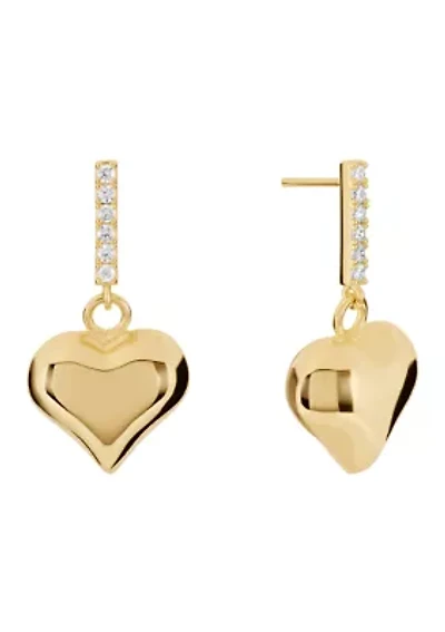 Gold Plated Cubic Zirconia Bar Puffy Heart Drop Earrings