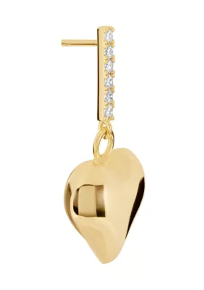 Gold Plated Cubic Zirconia Bar Puffy Heart Drop Earrings