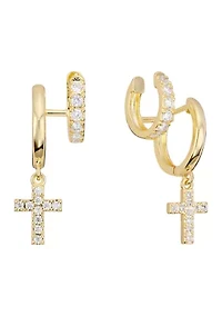 Cross Cubic Zirconia Hoop with Cuff Gold Plated Earrings