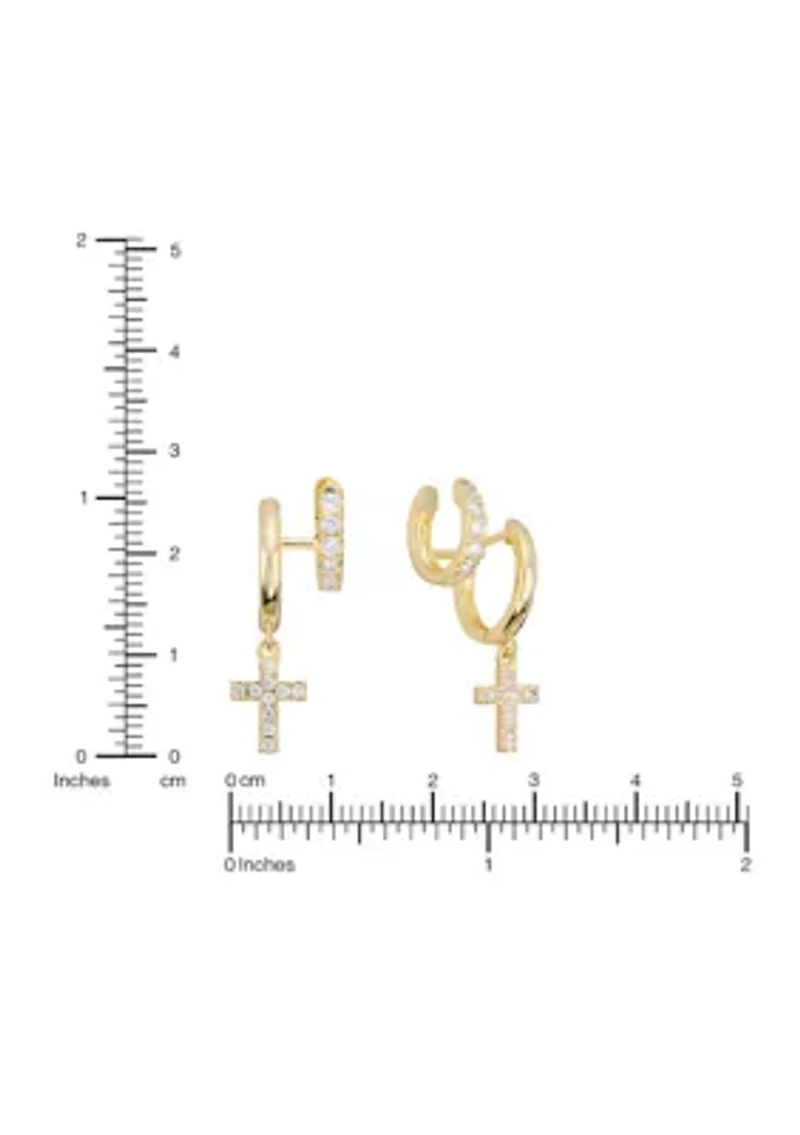 Cross Cubic Zirconia Hoop with Cuff Gold Plated Earrings