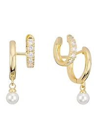  Simulated Pearl Hoop and Cubic Zirconia Gold Plated Earrings