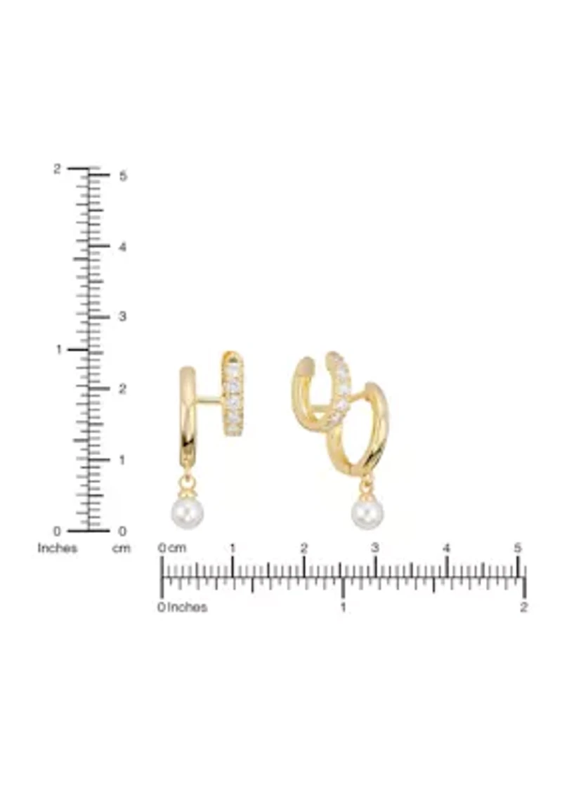 Simulated Pearl Hoop and Cubic Zirconia Gold Plated Earrings