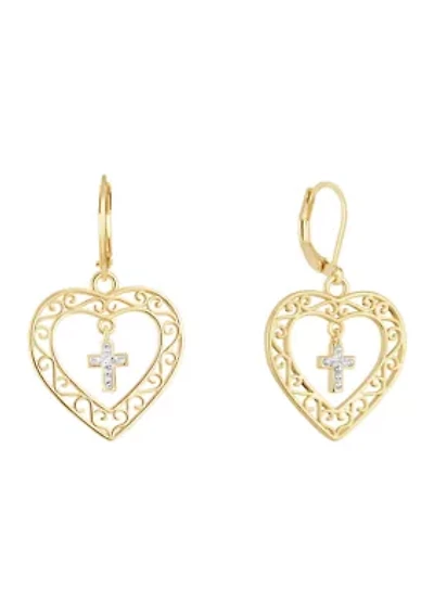 Gold Plated Filigree Heart Cubic Zirconia Cross Center Chandelier Earrings 