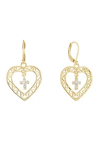 Gold Plated Filigree Heart Cubic Zirconia Cross Center Chandelier Earrings 