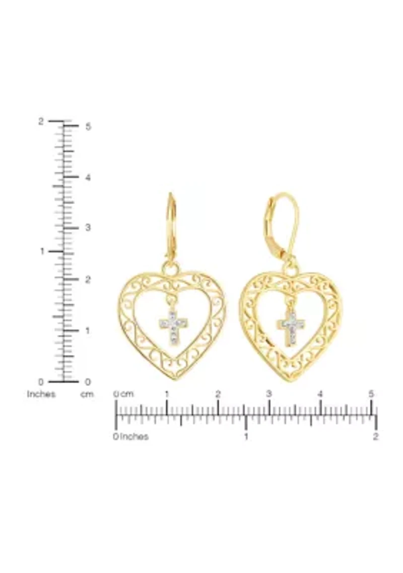 Gold Plated Filigree Heart Cubic Zirconia Cross Center Chandelier Earrings