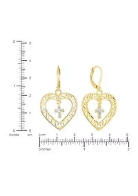 Gold Plated Filigree Heart Cubic Zirconia Cross Center Chandelier Earrings 