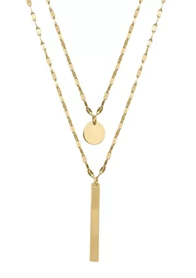 Silver- or Gold-Plated 30" Disc and Vertical Bar Double Layer Necklace