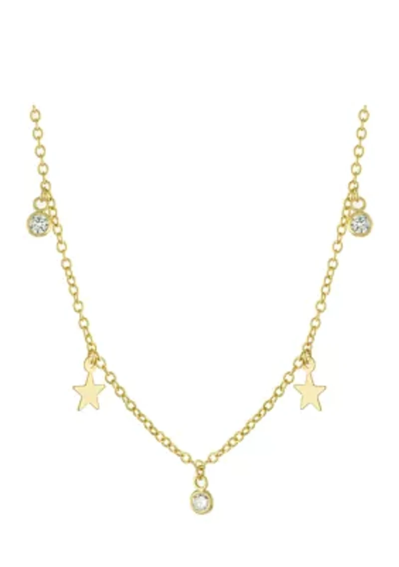 Yellow Gold Fine Silver Plated Cubic Zirconia and Stars Station Necklace