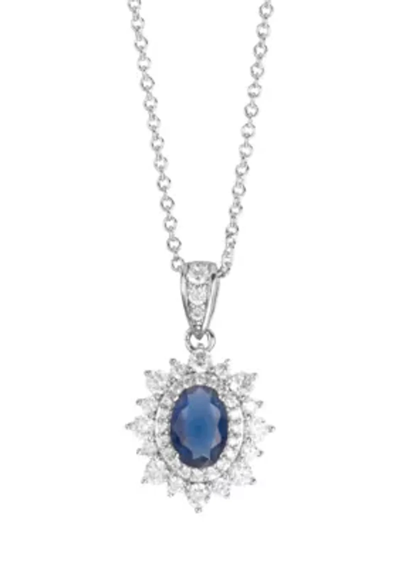 Blue Cubic Zirconia Oval Halo Pendant Necklace
