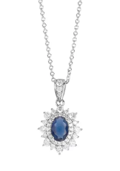  Blue Cubic Zirconia Oval Halo Pendant Necklace