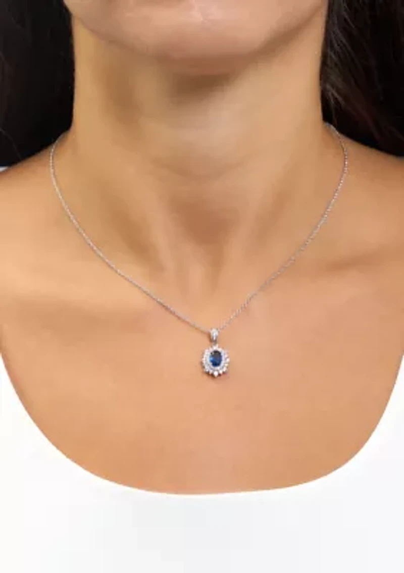  Blue Cubic Zirconia Oval Halo Pendant Necklace