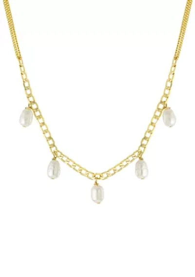 Yellow Gold Fine Silver Plated 5 Freshwater Pearl 16 Inch + 2 Chain Necklace