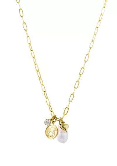 16" + 2" Pearl, Cubic Zirconia, Heart, and Angel Charm Paperclip Chain Necklace