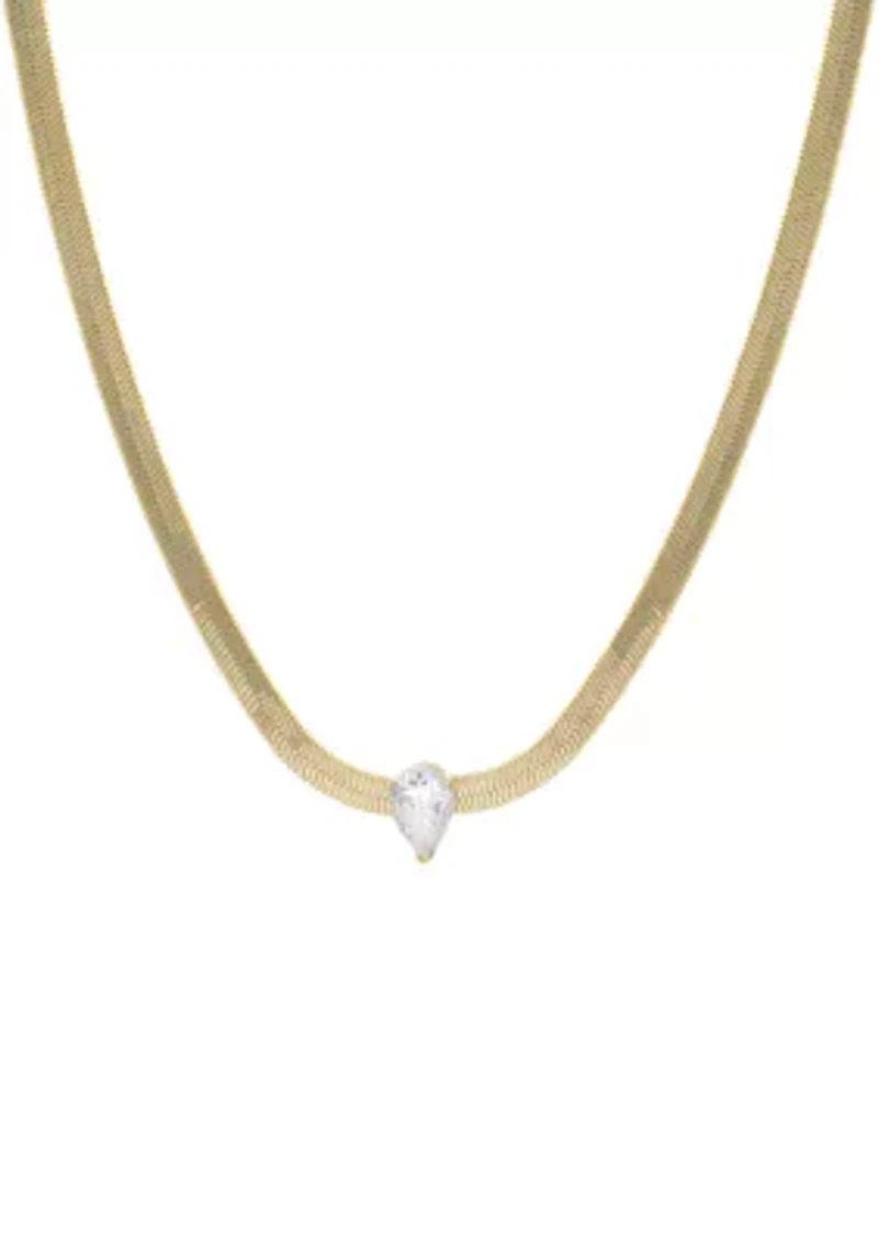Gold Over Silver Plated 16 + 2 Inch Cubic Zirconia Pear Herringbone Necklace